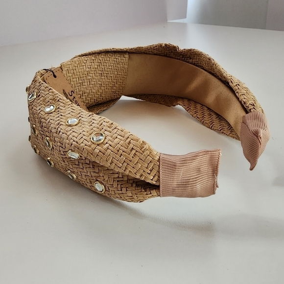 NWT Beige Cream Boho Stone Embellished Straw Twisted Headband - Picture 5 of 10